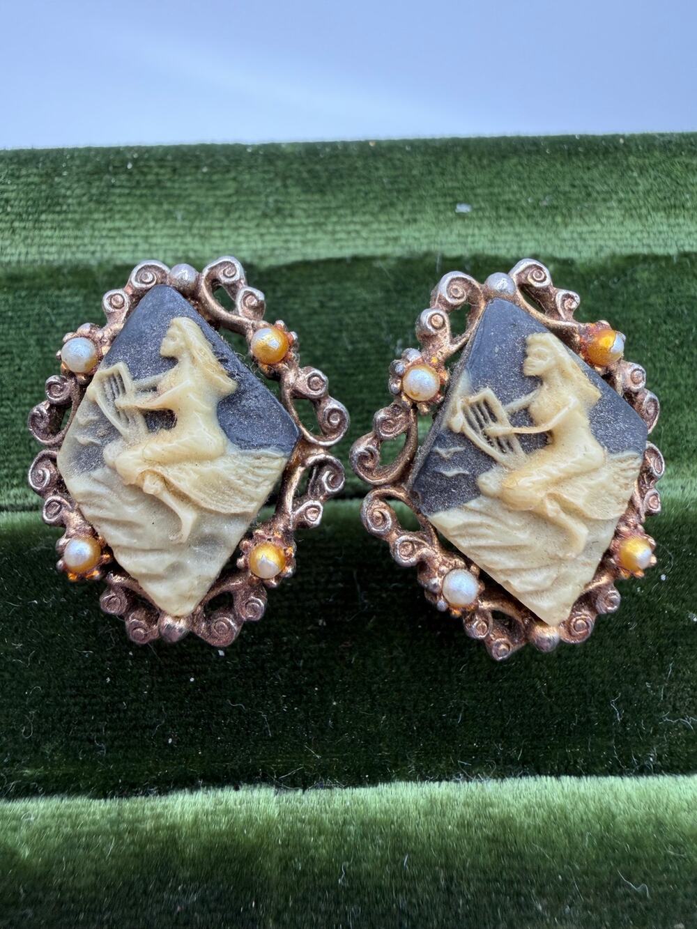 vintage clip-on earrings featuring diamond-shaped resin cameos
